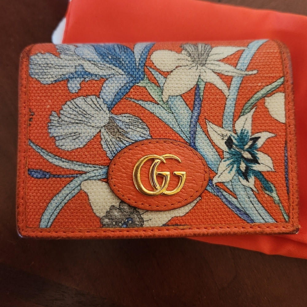 Gucci Orange Floral Canvas Card Case with Gold Logo